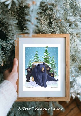 ART PRINT- TIME FOR A NAP - A Whimsical Drawing of a Black Bear Family - Art for the Winter Season - Brighten Any Room for the Holidays - image1